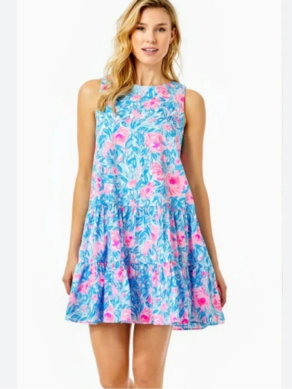Lilly Pulitzer Trina Dress Bondi Blue My Little Peony Floral Tiered Shift M - Picture 1 of 8